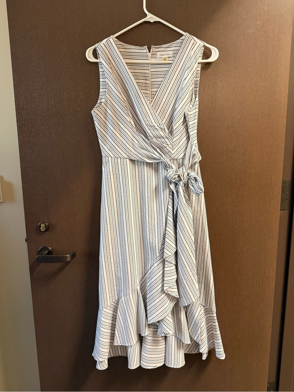Calvin Klein White and Blue Stripe Wrap Midi Dress with Ruffle Hem